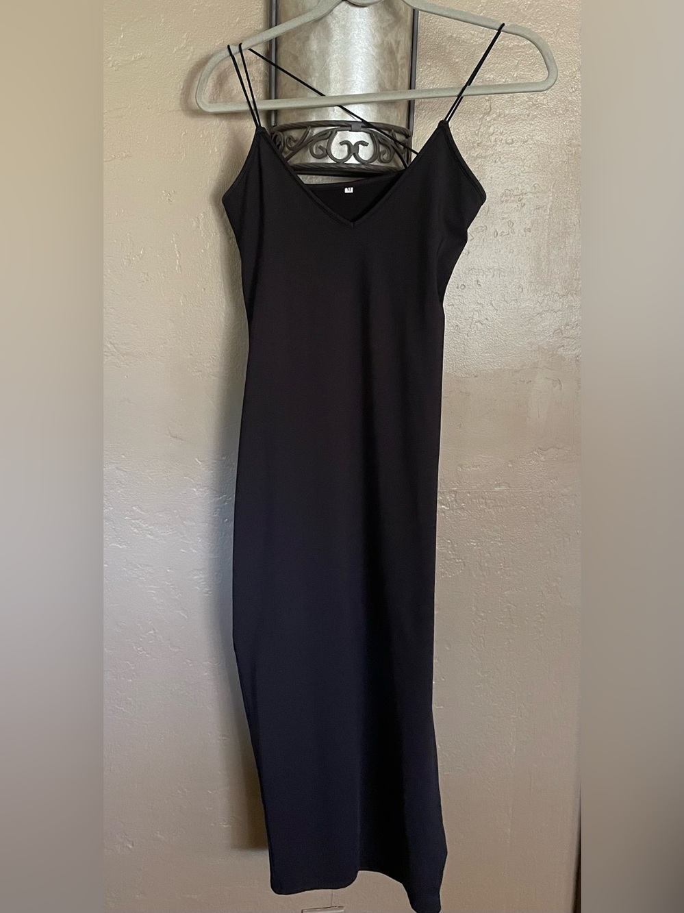 Sleek Black V-Neck Midi Slip Dress Spaghetti straps